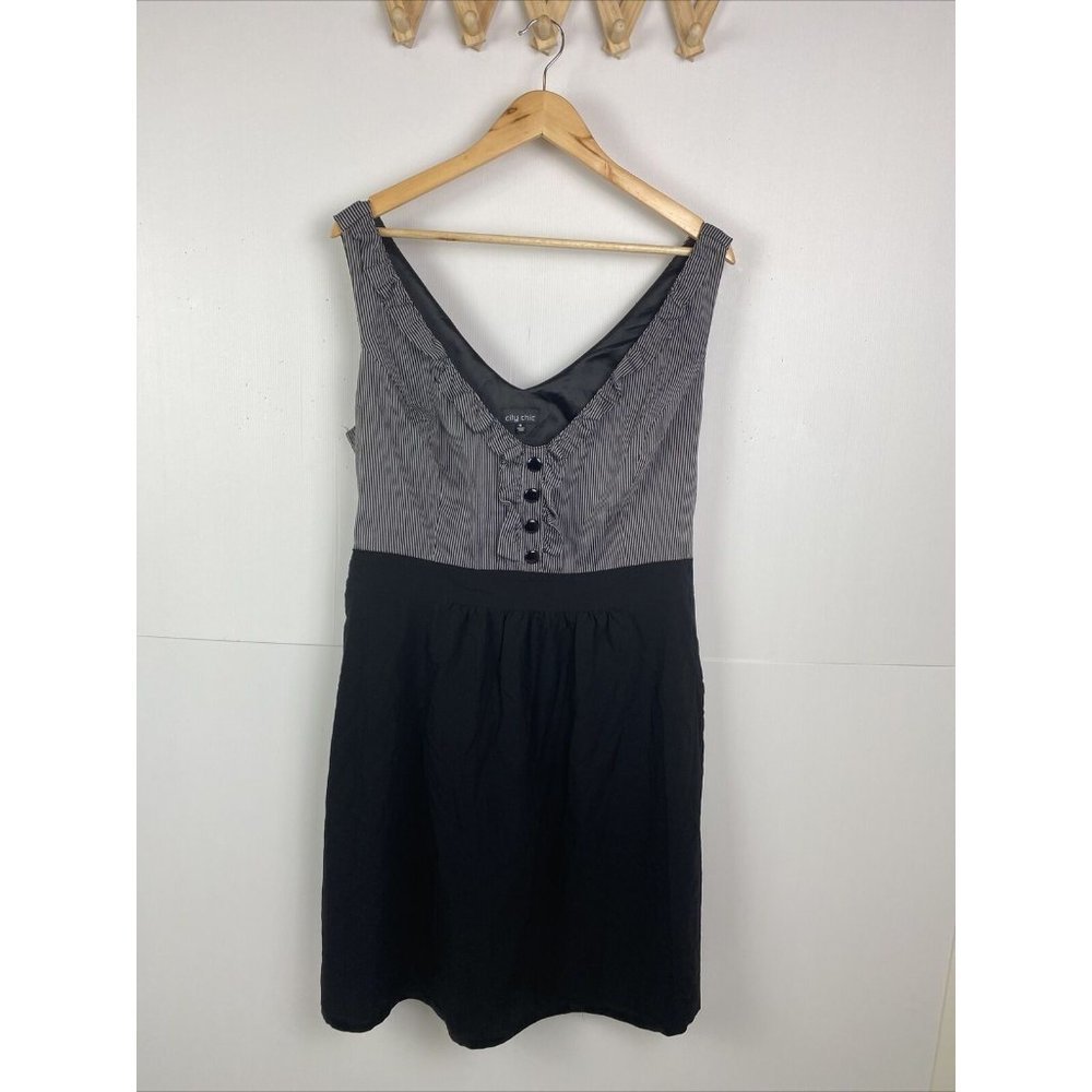 City Chic Size M Womens Pencil Dress Black Silver Pin Striped Bust Ruffle Button - Picture 1 of 8